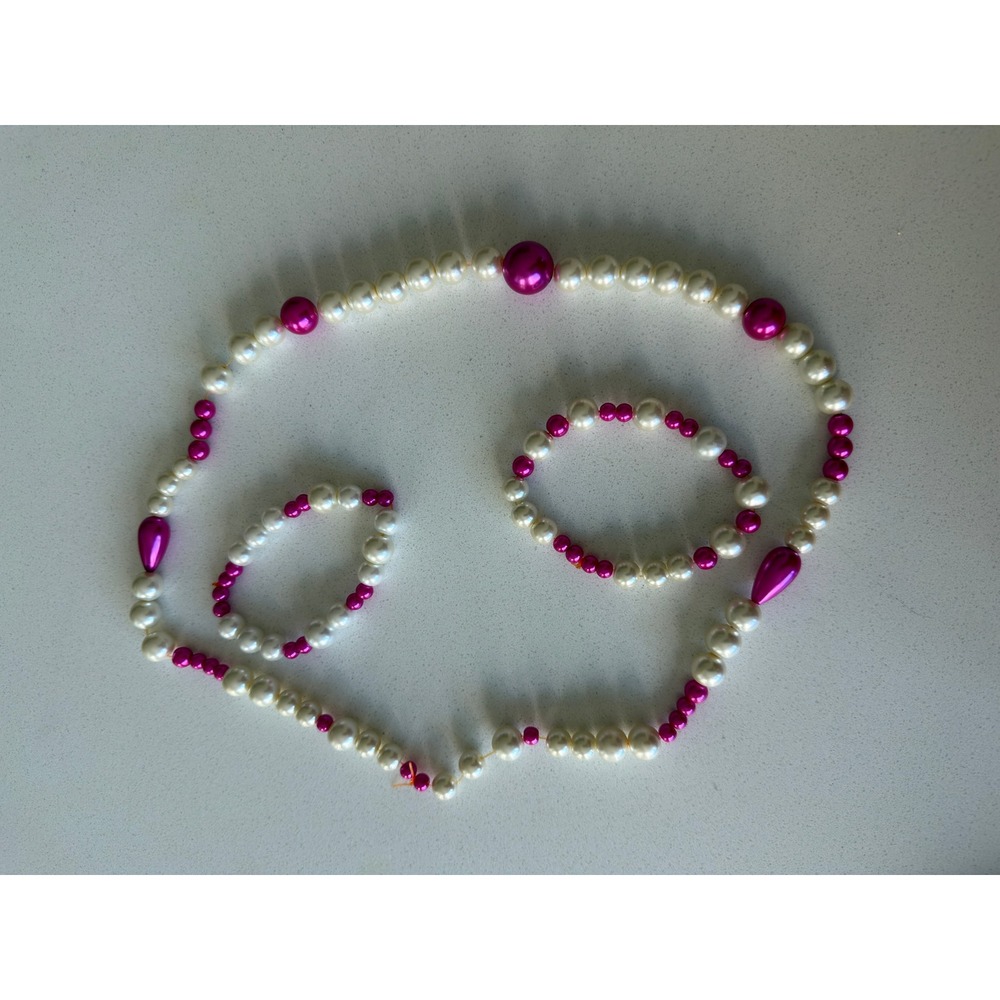 Pink and White Faux Pearl Necklace and Bracelet Set 3 Piece Jewelry